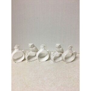 Vintage Set Of 5  Chickens And Owl Ceramic Napkin Rings 1970’s Country Decor
